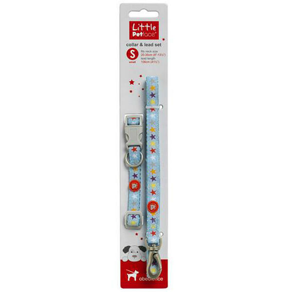 Little Petface Puppy Collar and Lead Set light blue with multi coloured stars