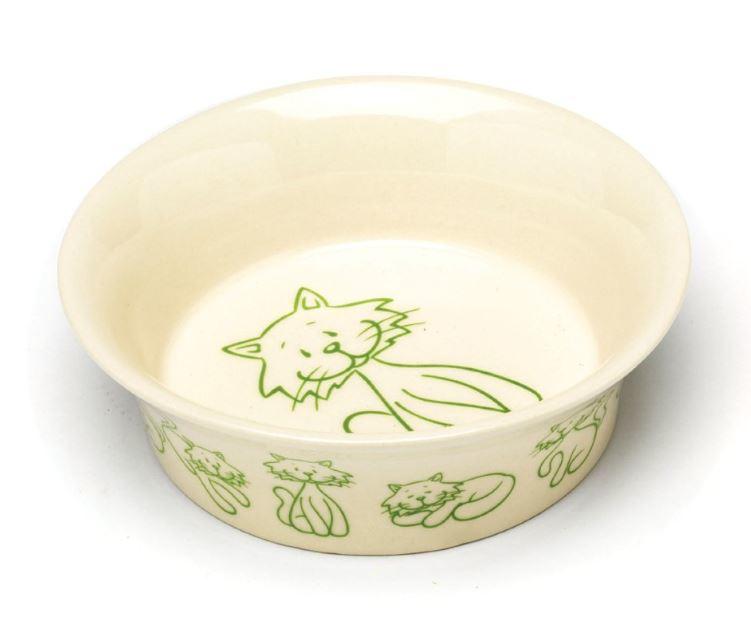 Petface catkins ceramic cat bowls cream and green cat motif with sloping sides