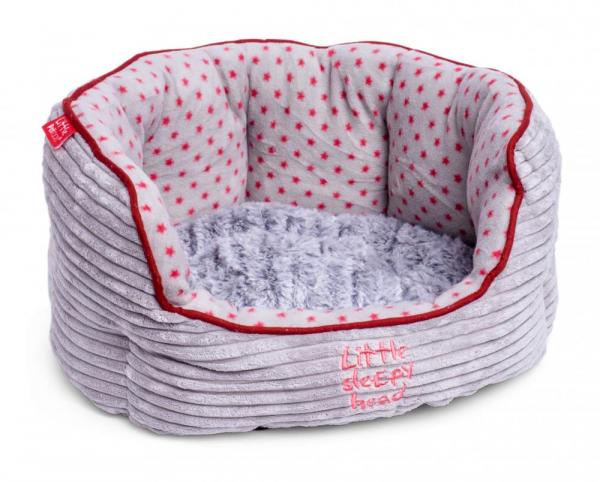 Little Petface Grey Cord Oval puppy dog bed with grey fun fur reversible cushion
