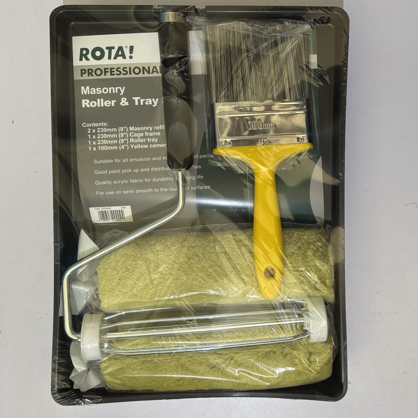 ROTA Professional Masonry Roller and Tray Set 9 inch with Masonry Brush & 2 Green Woven Sleeves