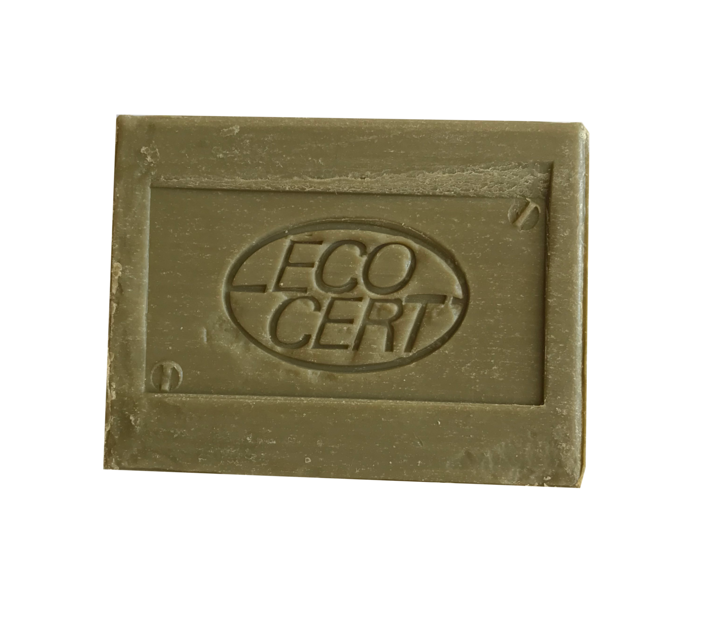A rectangular bar of olive green soap imprinted with ECOCERT
