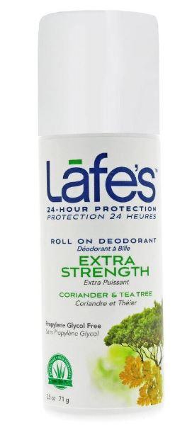white plastic bottle with  Tea Tree on label showing lafes roll on deodorant extra strength