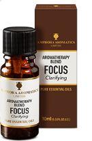 Brown glass 10ml bottle with black cap shown with brown box white label showing focus aromatherapy blend