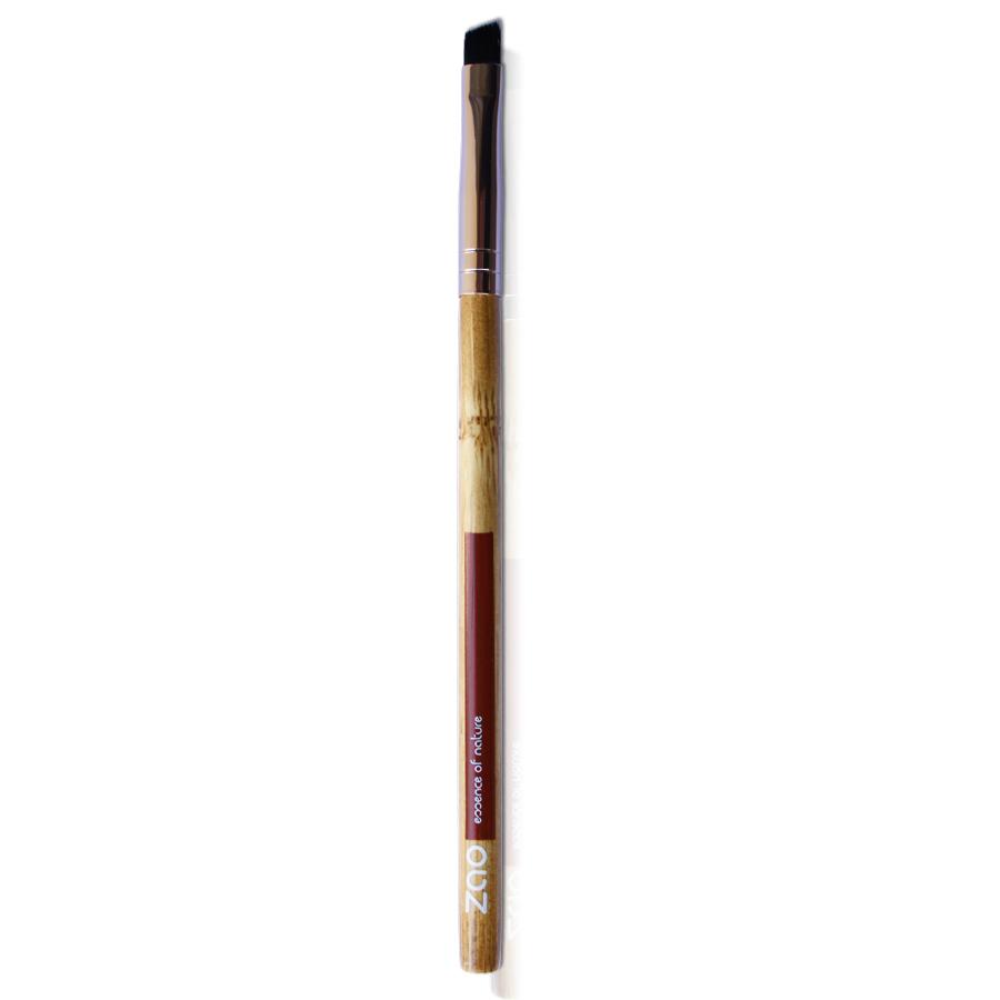 angled eyeshadow brush with light bamboo and rose gold metal handle, black synthetic hair angled, handle shows Zao