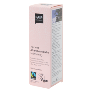 White plastic bottle with pink labelling, next to pink box packaging showing Fair Squared After shave balm intimate.