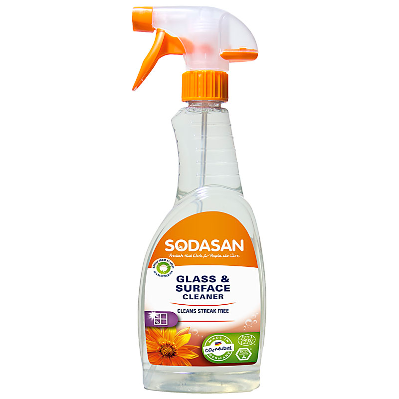 Clear plastic bottle with orange spray pump nozzle, orange label showing sodasan glass and surface cleaner