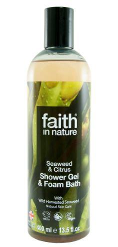 A clear plastic bottle with black cap. Label has photo image of seaweed. Label shows faith in nature seaweed and citrus body wash.