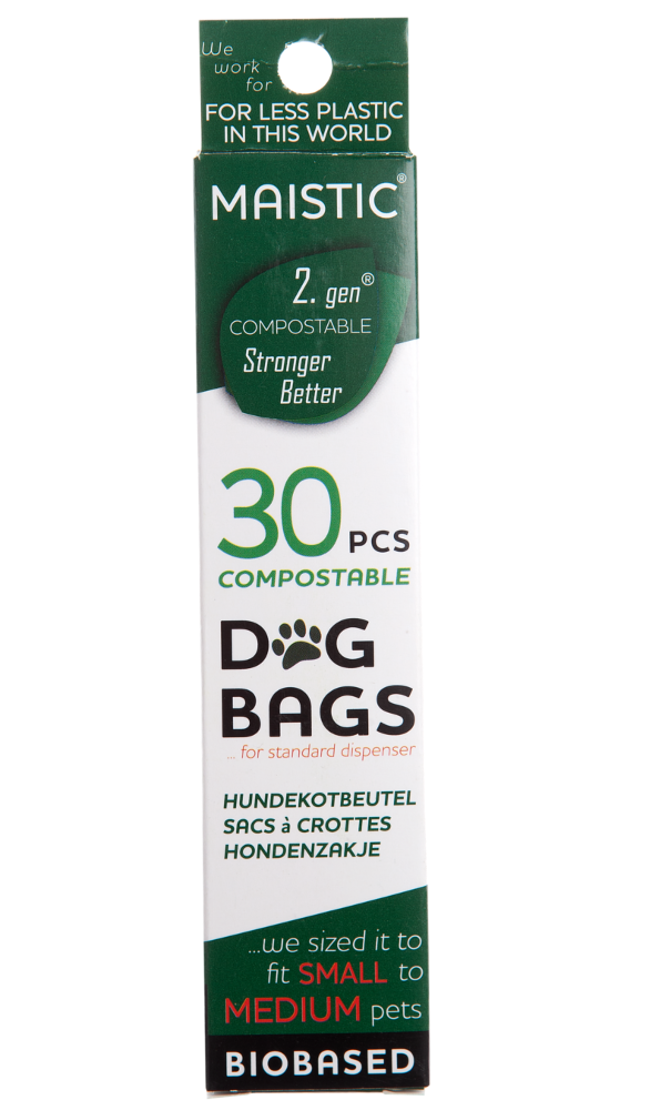 Dark green and white box packaging showing maistic compostable dog bags small