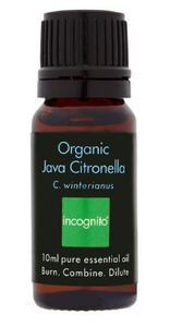 A brown 10ml glass essential oil bottle with black cap. Black label shows incognito organic java citronella oil.