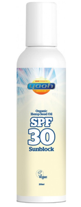 White plastic bottle, brown label showing yaoh organic hemp seed oil sunblock spf 30