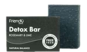 Black rectangle card soap box with white writing showing friendly soap detox bar rosemary and lime. Black rectangle soap bar stood behind.