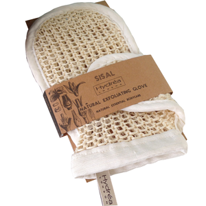 A knitted textured natural coloured sisal mitt with white cotton edging. Presented in a natural brown cardboard wrap around packaging. Label shows Hydrea natural exfoliating glove.