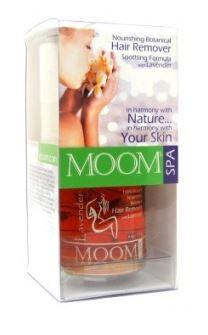Clear plastic box containing orange clear wax, roll of fabric strips, label  Moom Spa Organic & 100% Natural hair remover with Lavender