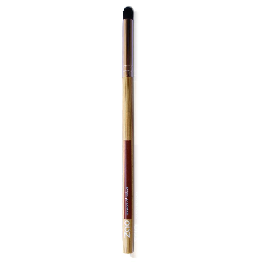 long handled orbit brush, light bamboo wood and rose gold metal handle with black synthetic hair brush tip, handle shows zao