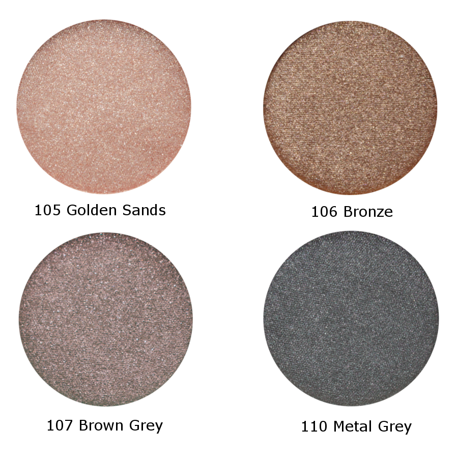 eyeshadow sample shade chart, four pearlised shades, golden sands, bronze, brown grey, metal grey