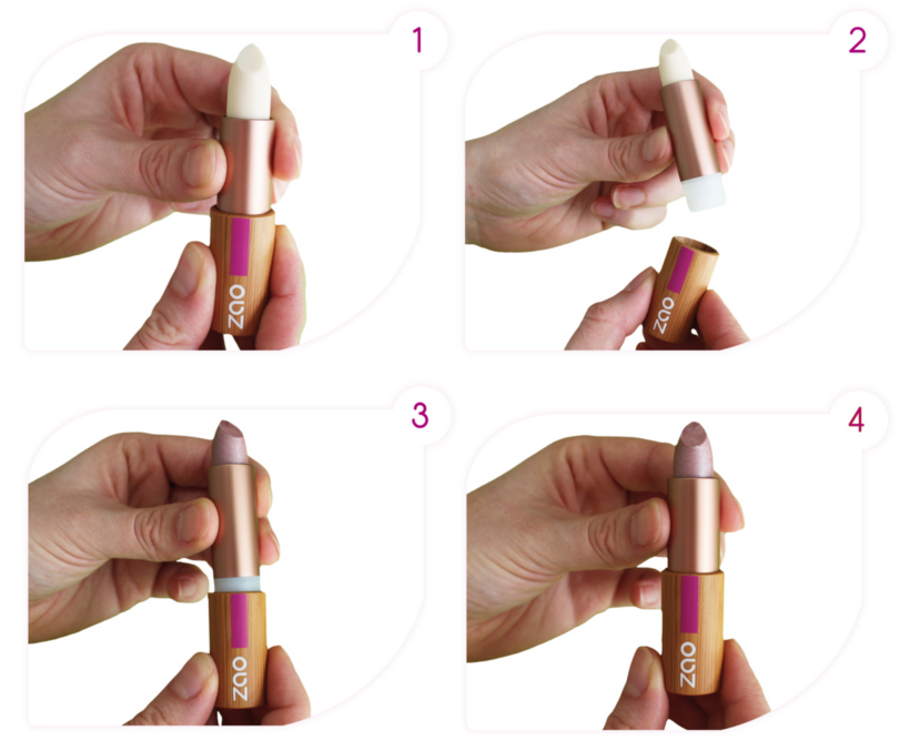 4 step picture image of hand with lipstick case, instructions to replace refill