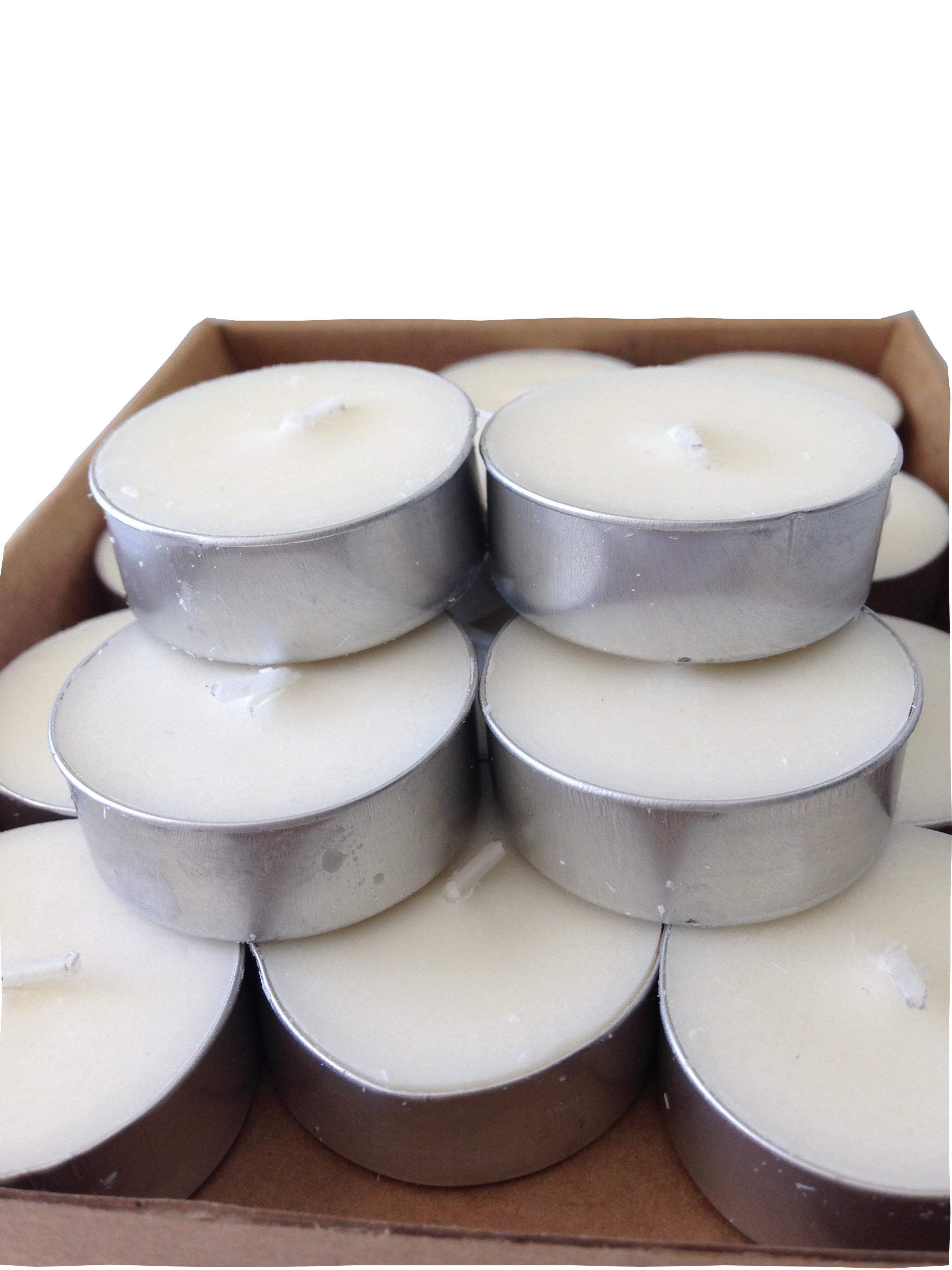 Natural soy tealights in aluminium cups, displayed stacked in a card box