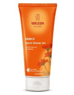 orange squeezy tube. Labelling shows Weleda Arnica Sports Shower Gel.