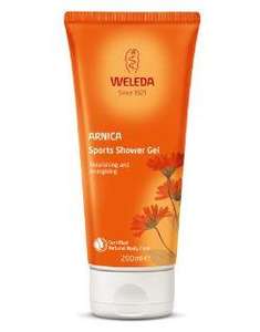 orange squeezy tube. Labelling shows Weleda Arnica Sports Shower Gel.