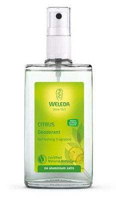 a clear glass bottle with atomiser spray. Green label shows weleda citrus deodorant.