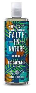 Clear bottle with clear cap. Label decorated with images of coconut and green leaves on green background. Label shows faith in nature coconut body wash.