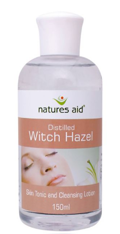 Clear plastic bottle with white cap. Brown and white label showing women's face. Label shows natures aid witch hazel.