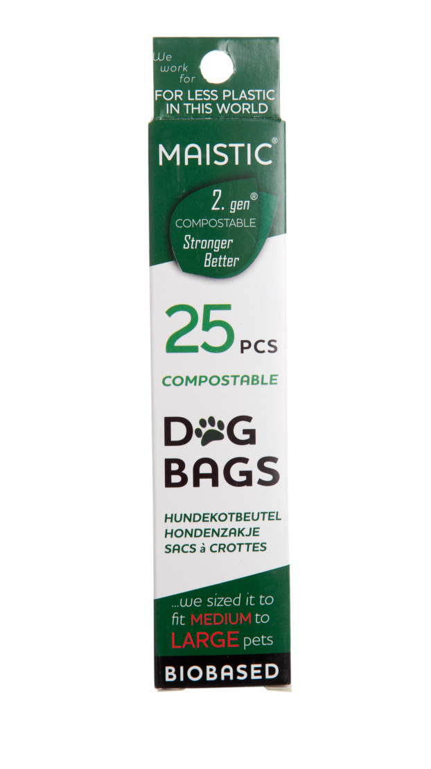 Dark green and white box packaging showing maistic compostable dog bags large.