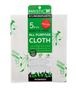 A pack of white cloths with green plant print packaged in a green card wrap. Label shows maistic micro plastic free all purpose cloths.