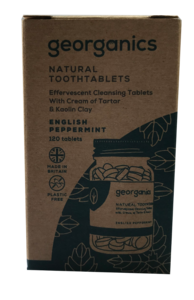 A natural brown card box packaging. Labelling shows georganics natural tooth tablets english peppermint.