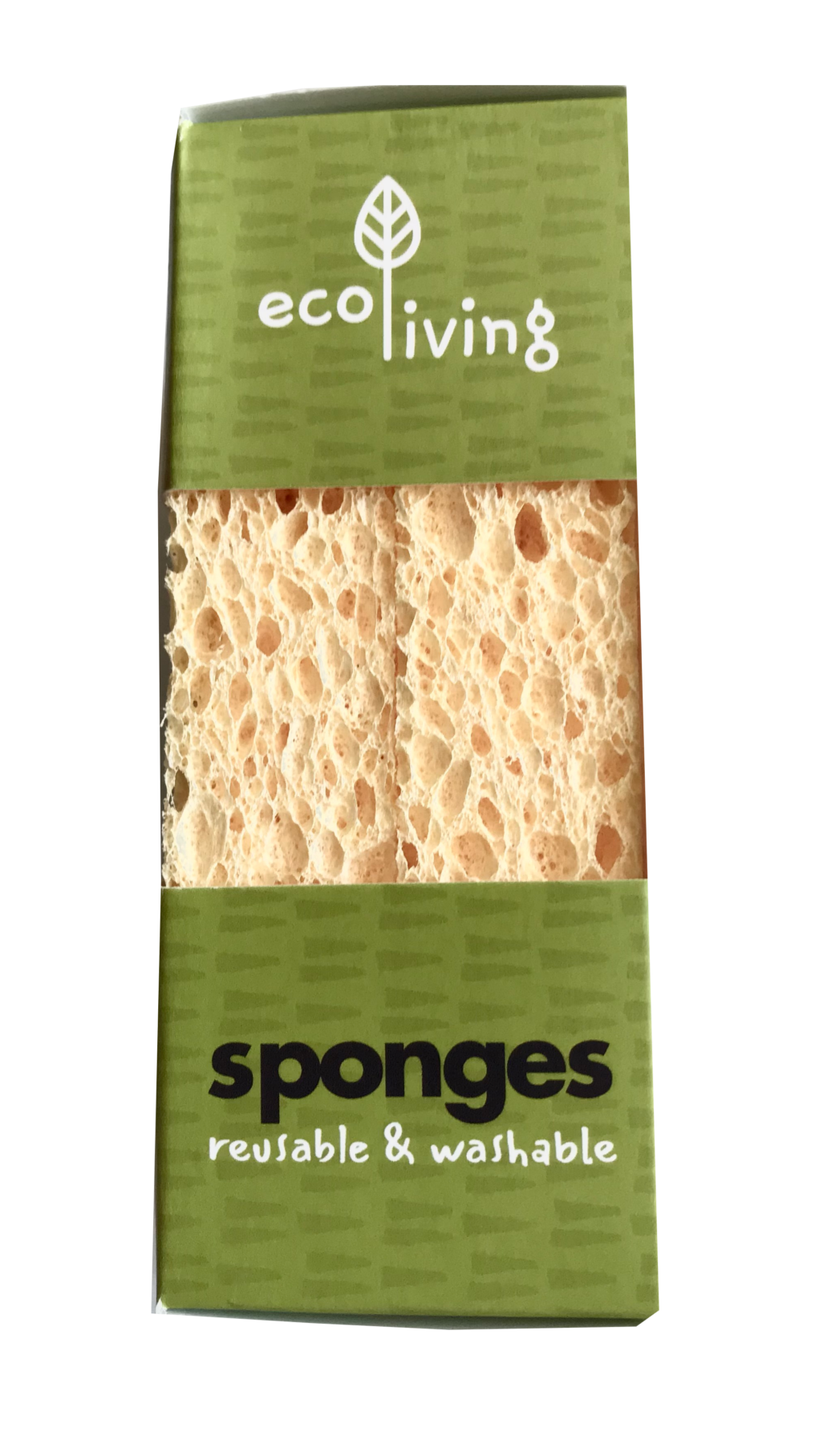 Bright green card packaging box with open front showing natural yellow sponges. Labelling shows Sponges in Black
