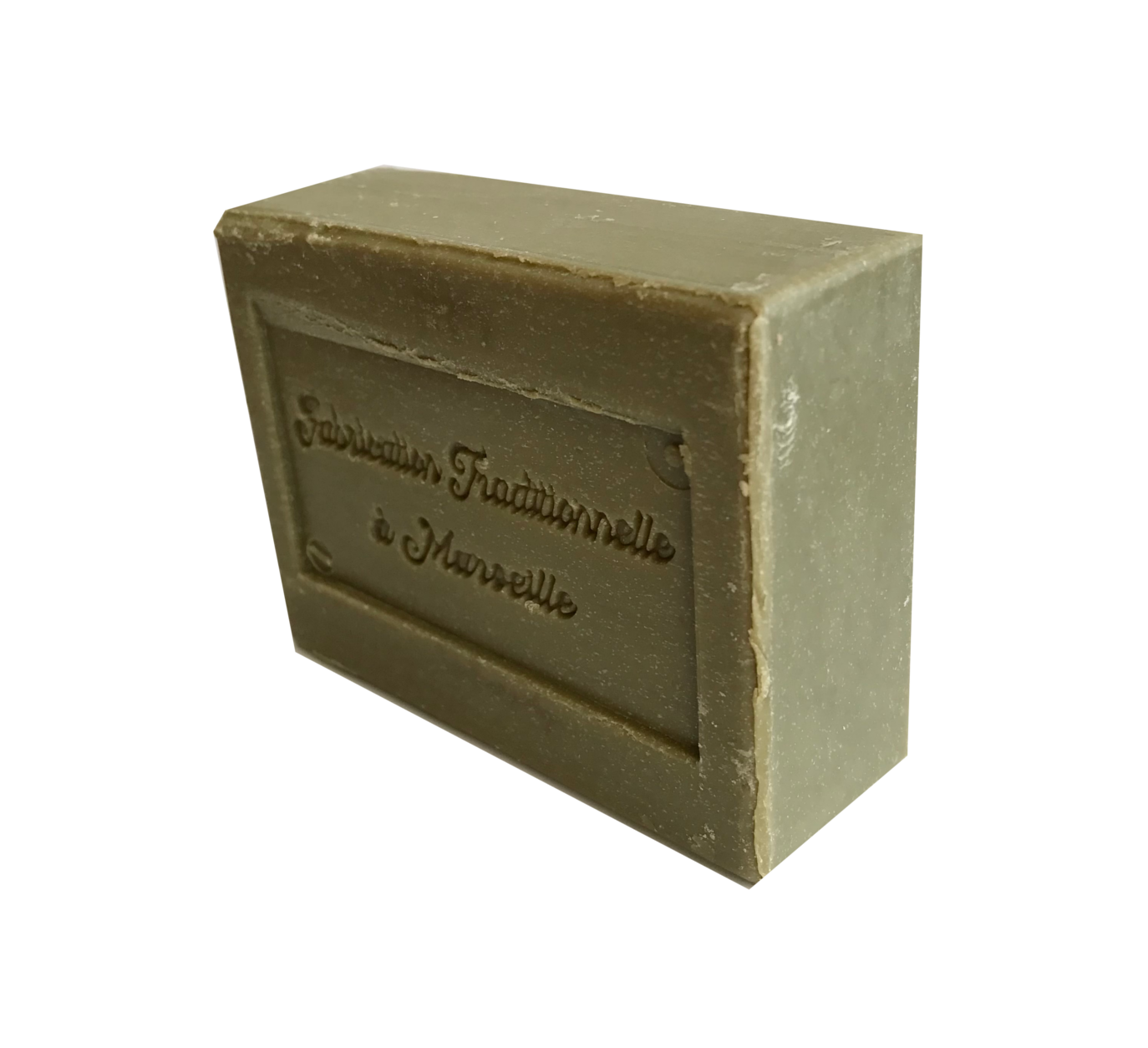 A rectangular bar of olive green soap imprinted with fabrication traditionnelle a marseille