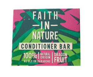 a brown rectangular card box with pink leaf decoration showing faith in nature dragonfruit conditioner bar