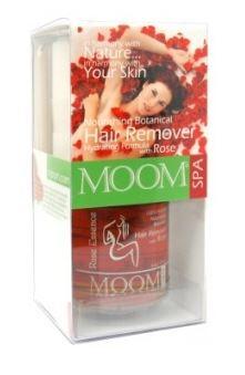 clear plastic box containing orange clear wax and roll of fabric strips, label showing Moom Organic & 100% Natural Hair Remover with Rose
