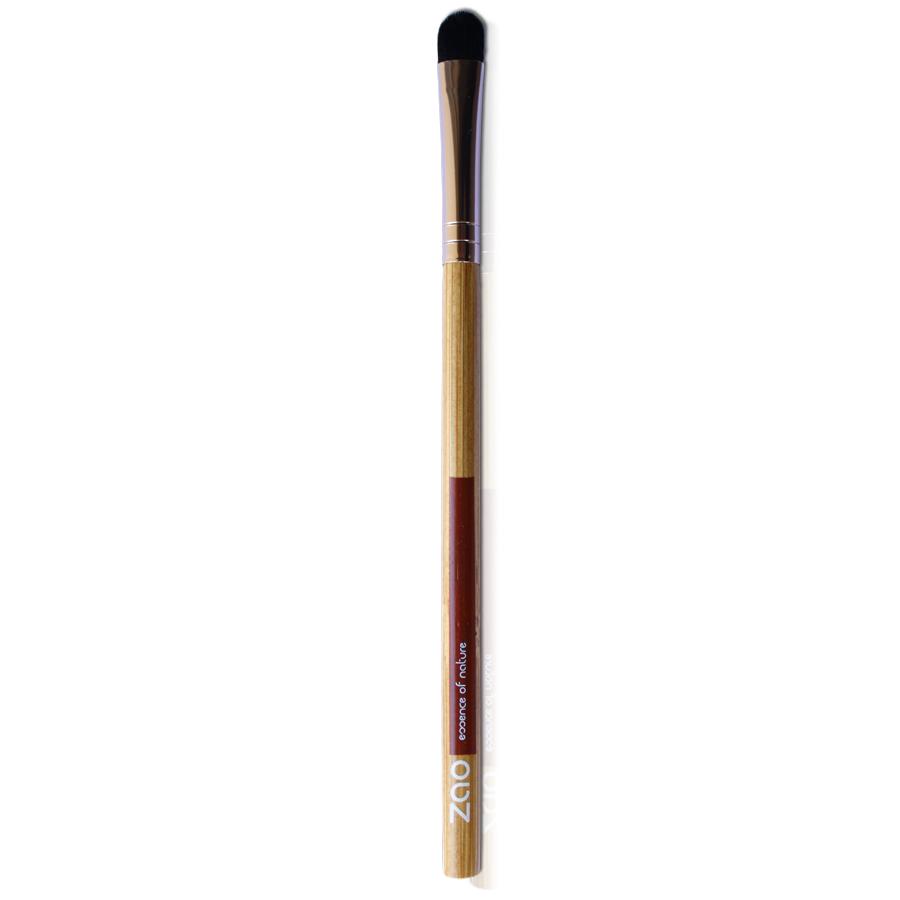 shading brush with light wood bamboo and rose gold handle with black synthetic hair, label shows Zao