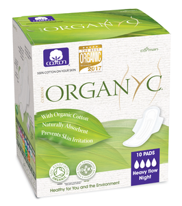 green and white box packaging of 10 organyc pads, night, heavy flow