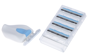 white and pale blue bikini razor and pack of 4 spare blades