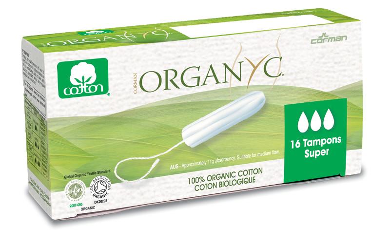 white and green box packaging showing white tampon, green indicator with 3 white drops to show super absorbency, label shows Organyc