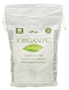 Clear biodegradable bag packaging containing 100 natural cotton wool balls, label shows Organyc