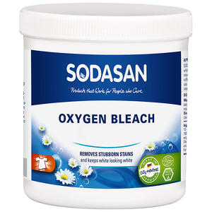 white plastic tub with blue label showing sodasan oxygen bleach