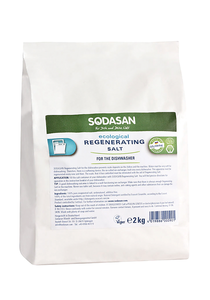 White paper bag with green labels showing sodasan regenerating salt