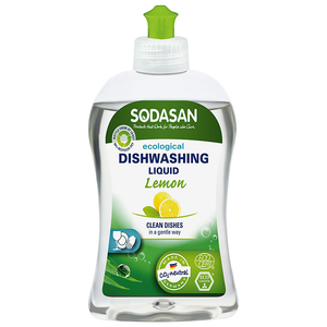 clear plastic bottle with green squirty top, green label showing sodasan dishwashing liquid lemon