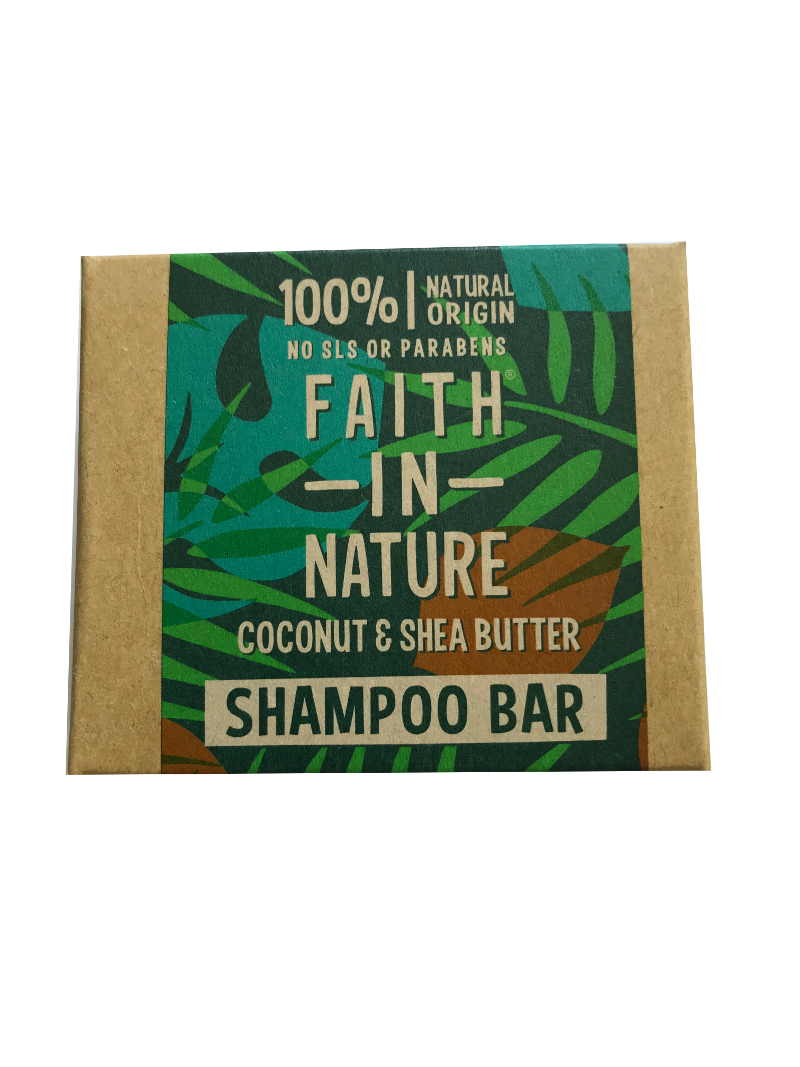 A natural brown card box packaging with tropical green leaf pattern. Labelling shows Faith in Nature coconut and shea butter shampoo bar