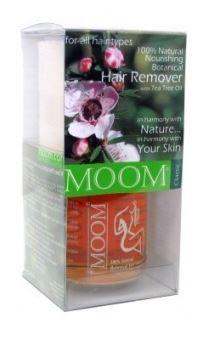 clear plastic box containing orange clear wax, roll of fabric strips, label Moom Classic 100% Natural & Organic Hair remover with Tea Tree