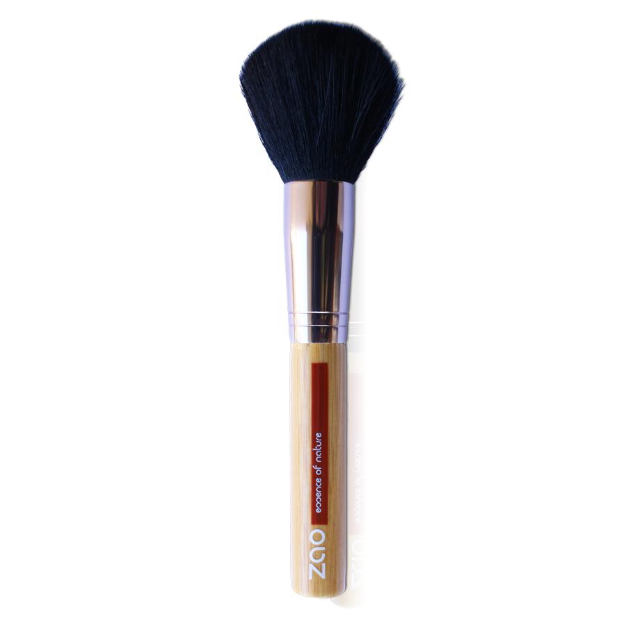 face brush with light bamboo wood and rose gold handle with black synthetic hair, label shows Zao
