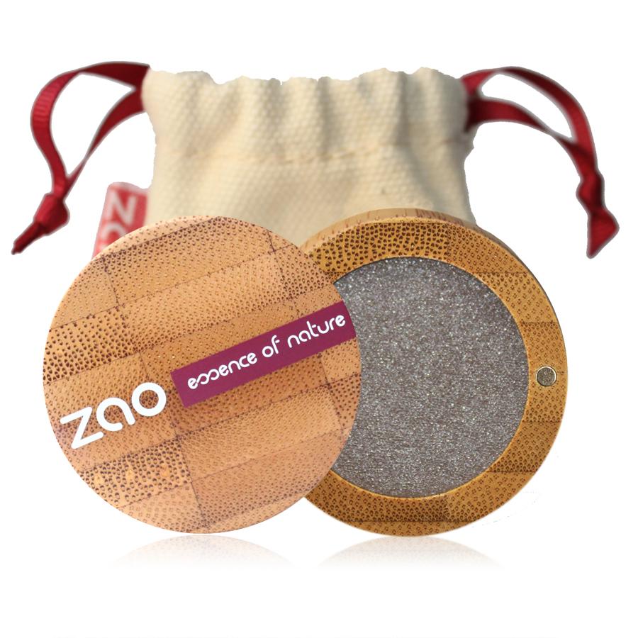 pearly effect eyeshadow brown grey colour in open bamboo pot, natural cotton pouch shown behind, label shows zao