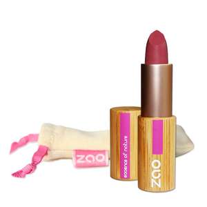 open old pink lipstick in a bamboo lipstick case, natural cotton pouch shown behind, label shows zao