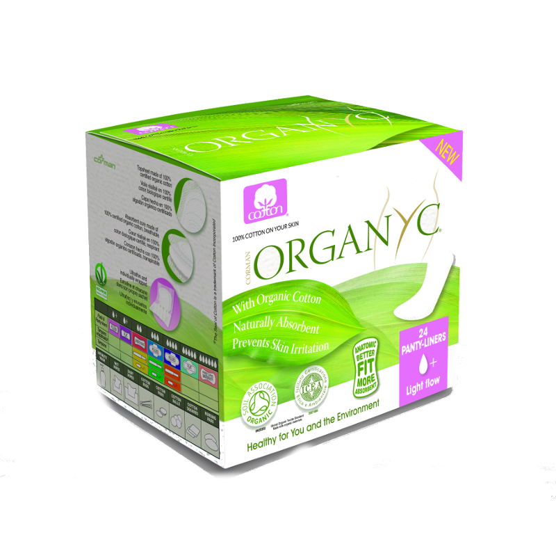 white and green box packaging of organyc folded pantyliners