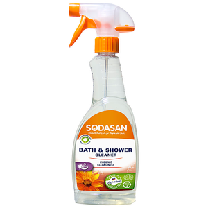 Clear plastic trigger spray bottle with orange nozzle. orange label shows sodasan bath and shower cleaner