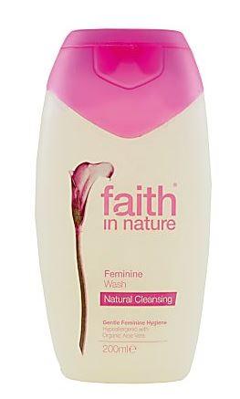 white oval plastic bottle with flower image and pink cap. Label shows faith in nature feminine wash