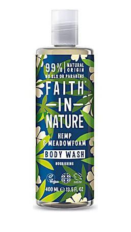 A clear plastic bottle and cap, blue label with graphic images of  cream flowers and green leaves. label shows faith in nature hemp and meadowfoam body wash